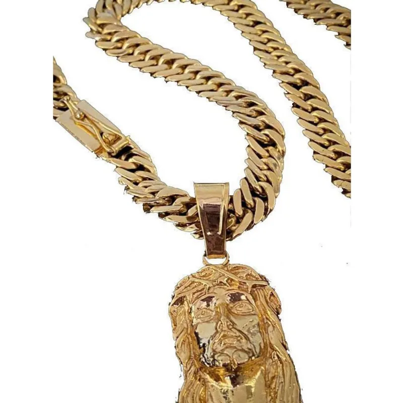 Corrente Lacraia 13Mm Pingente Face De Cristo Banhado A Ouro