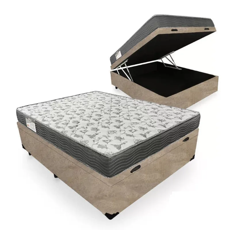 Cama Box Baú Casal Suede + Colchão De Molas Ensacadas 138x188x62cm Bege