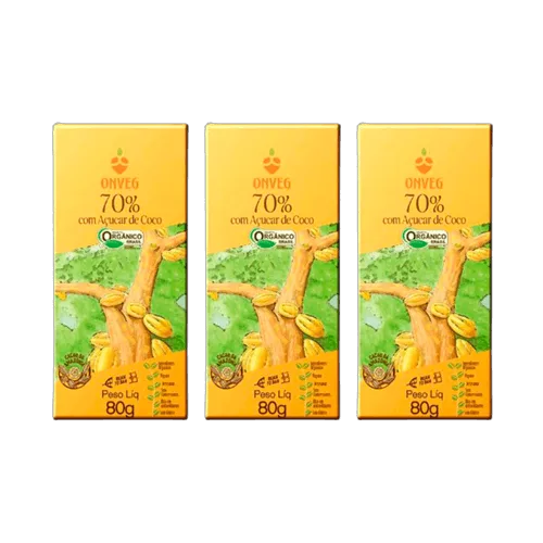Kit 3x: Chocolate 70% Cacau &amp; Açúcar Coco Orgânico Onveg 80g - Onveg