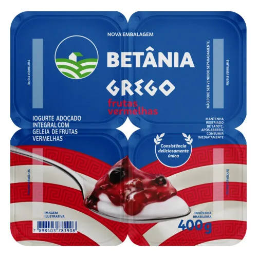 IOGURTE INTEGRAL GREGO FRUTAS VERMELHAS BETÂNIA BANDEJA 400G 4 UNIDADES - BETÂNIA