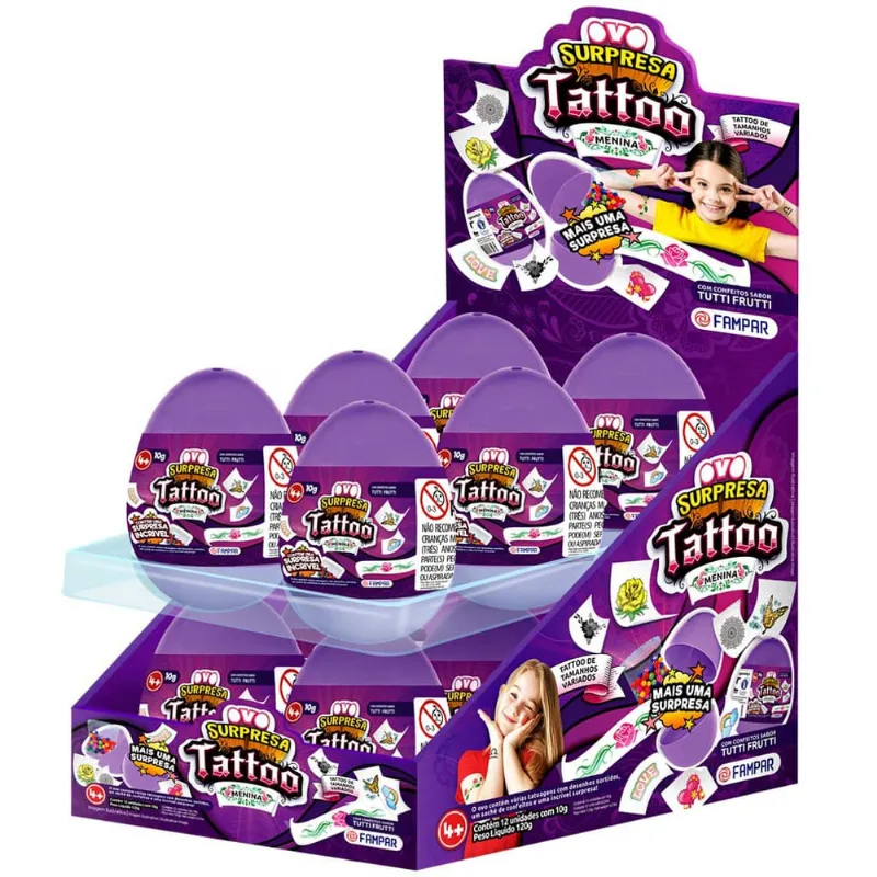 Caixa Ovo Surpresa Tattoo Menina com Confeito c/12 - Fampar