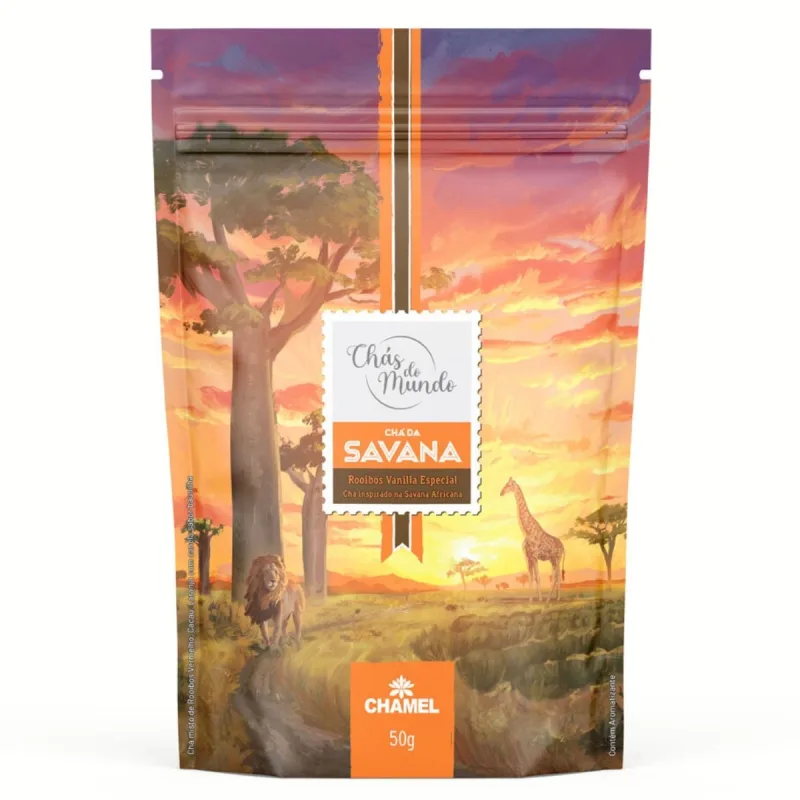 Chá da Savana 50g ( Chá de Rooibos, c/ Cacau, Laranja, Canela, e aroma natural de Baunilha) - Pouch - Chamel - Suplementos Alimentares
