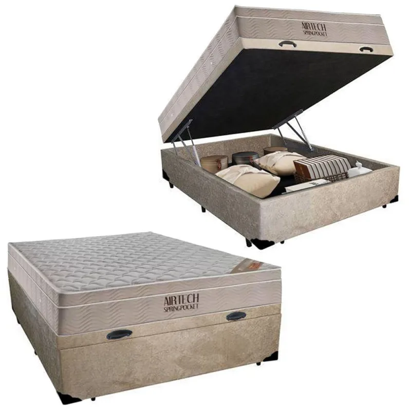 Cama Box com Baú Casal Airtech Pillow Top Molas Ensacadas Suede Bege Ortobom 138CM - ortobom - Agro