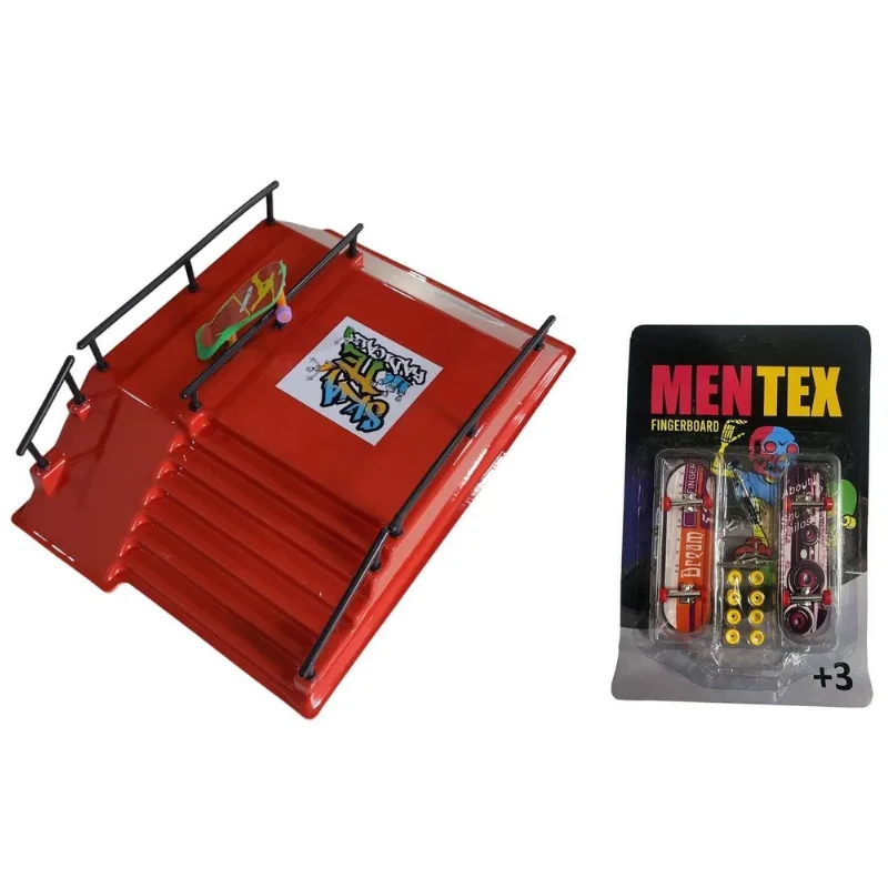 Kit Pista Skate Half Radical Vermelho Com 3 Skatinho De Dedo