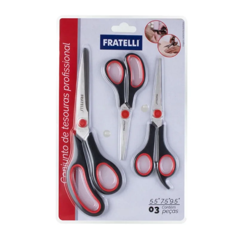 Kit 3 Tesouras Corte Fácil Alfaiate Artesanato Cabelo Costura Escritório Multiuso Fratelli