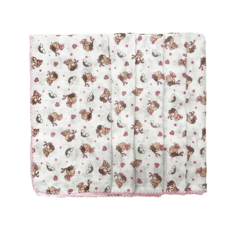 Kit 5 Fralda Da Turma Da Monica 70X70Cm Com Crochê Rosa