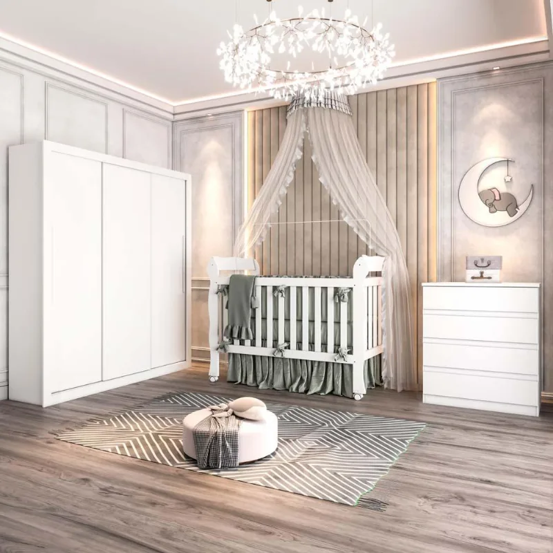 Conjunto para Quarto Carolina Baby Léo/Lola/Lila Branco Quarto de Bebê Guarda Roupa 3 Portas Léo Cômoda Lola Berço Mini Cama Lila Branco Brilho Carolina Baby
