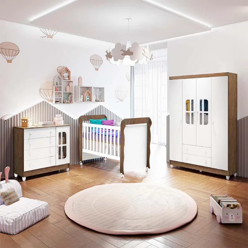 Conjunto para Quarto Carolina Baby Infantil Completo Branco Amadeirado Quarto de Bebê Guarda Roupa 4 Portas Cômoda Gabriele Berço Mini Cama Mirelle Branco Amadeirado Carolina Baby