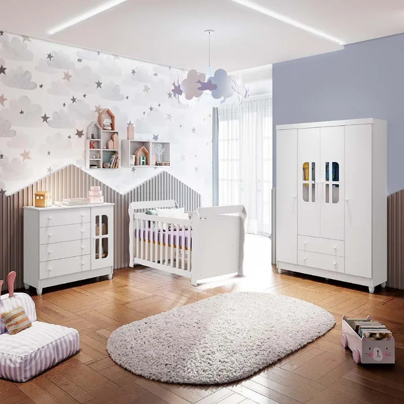 Conjunto para Quarto Carolina Baby Gabrielle/Lara Branco Quarto de Bebê Guarda Roupa 4 Portas Cômoda 4 Gavetas com Fraldário Gabrielle Berço 3 em 1 Lara Branco Carolina Baby