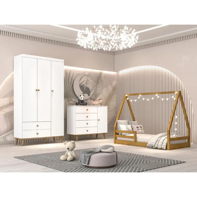 Quarto Infantil Guarda Roupa 3 Portas Cômoda 4 Gavetas com Porta Lígia Cama Casinha Montessoriano Duda Branco Fosco com Bétula Carolina Baby