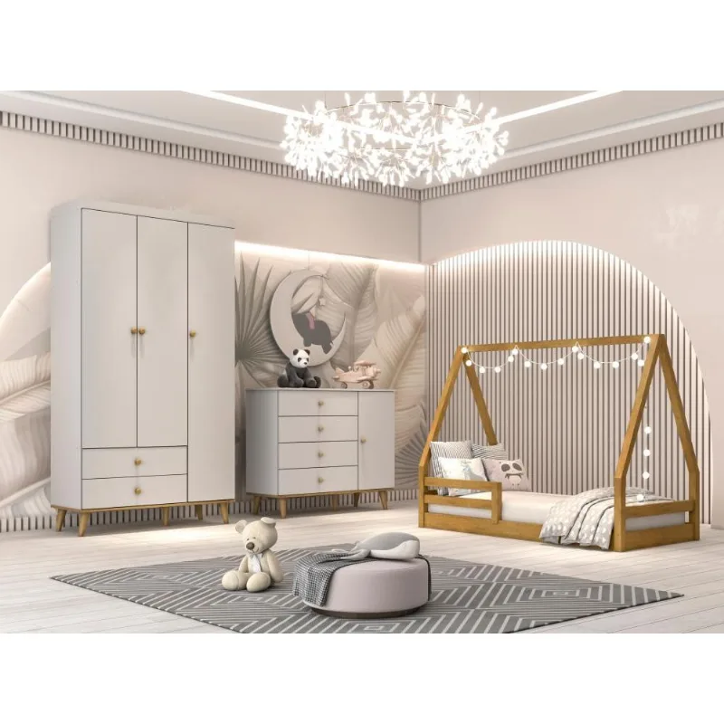 Quarto Infantil Guarda Roupa 3 Portas Cômoda 4 Gavetas com Porta Lígia Cama Casinha Montessoriano Duda Cinza Fosco com Bétula Carolina Baby