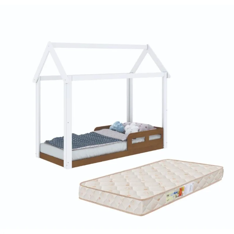 Cama Infantil Casinha Montessoriano Analu + Colchão Branco Fosco com Bétula Carolina Baby