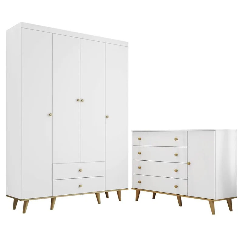 Quarto de Bebê Guarda Roupa 4 Portas com Gavetas Cômoda 4 Gavetas com Porta Cris Branco Fosco com Bétula Carolina Baby