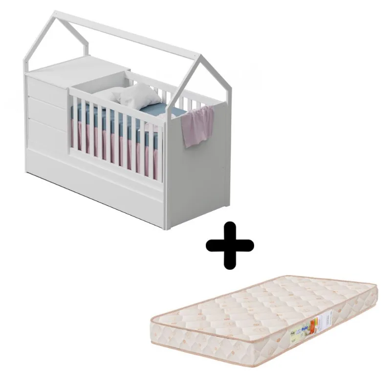 Berço Multifuncional Casinha Alicia + Colchão Branco Fosco Carolina Baby