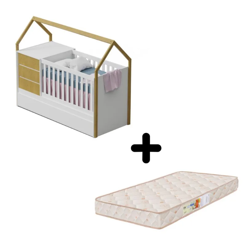 Berço Multifuncional Casinha Alicia + Colchão Branco com Bétula Carolina Baby