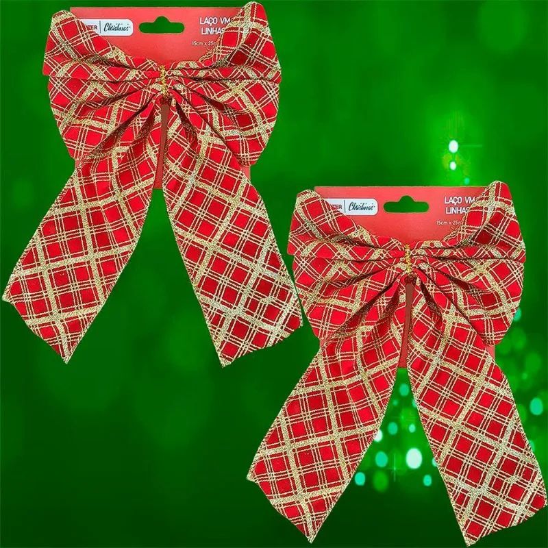 Laço Pendente Natal Vermelho Gliter Dourado 16x24cm Kit 8pçs