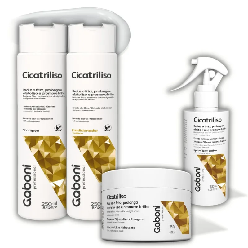 Tratamento Completo Antifrizz/Efeito Liso Pós Progressiva Cicatriliso (4 Produtos) Gaboni Gaboni Cicatriliso Tratamento Completo Hidratação Imediata e Pós Progressiva (4 Produtos)