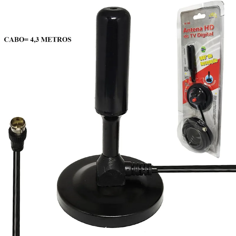 Antena Digital HDTV Interna e Externa Imã na Base Cabo 5m