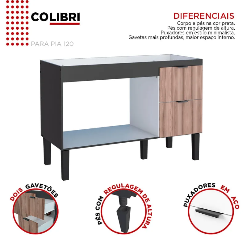 Gabinete Madeira Colibri 114cm Preto e Tamarindo Cozimax