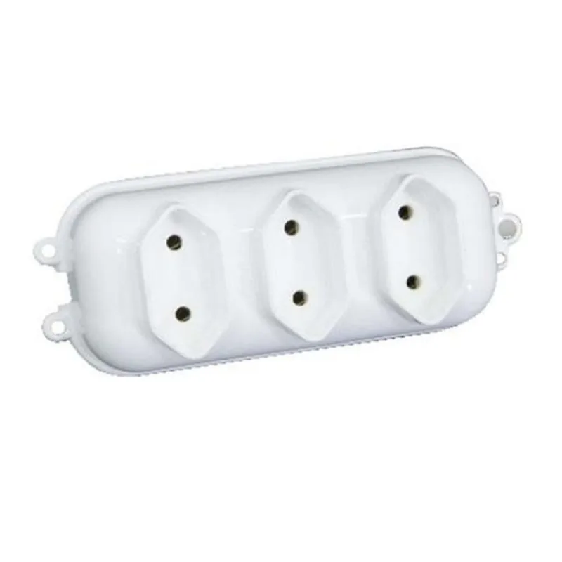 Tomada em Barra 3 Tomadas 2P PVC Branco 20A 250V~ - Altura 35mm Largura 75mm Profundidade 60mm