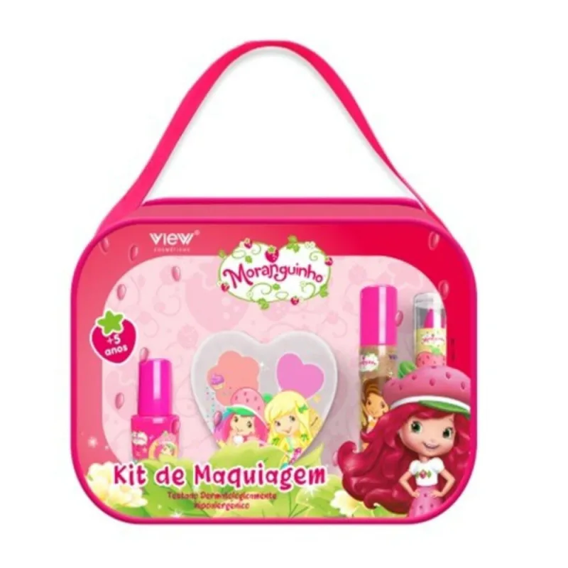 Kit de Maquiagem Infantil Bolsinha Retangular Moranguinho View Cosméticos (Batom + Brilho Labial + Estojinho de Sombra-Blush + Esmalte) - VIEW - Mundo Infantil