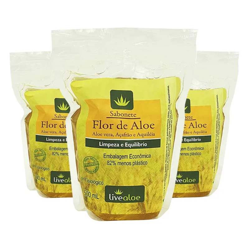 Kit 3x Sabonete Flor de Aloe Refil (Aloe Vera, Açafrão, Aquiléia) 500ml - LiveAloe