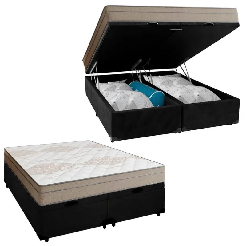Cama Box Baú Casal Bipartido Suede + Colchão De Molas Ensacadas Portobel Ipanema 138x188x66cm Preto