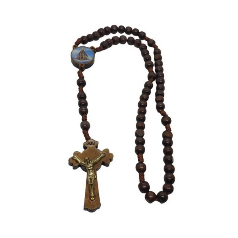 Terço Madeira Nossa Senhora - Marrom Bola 10Mm