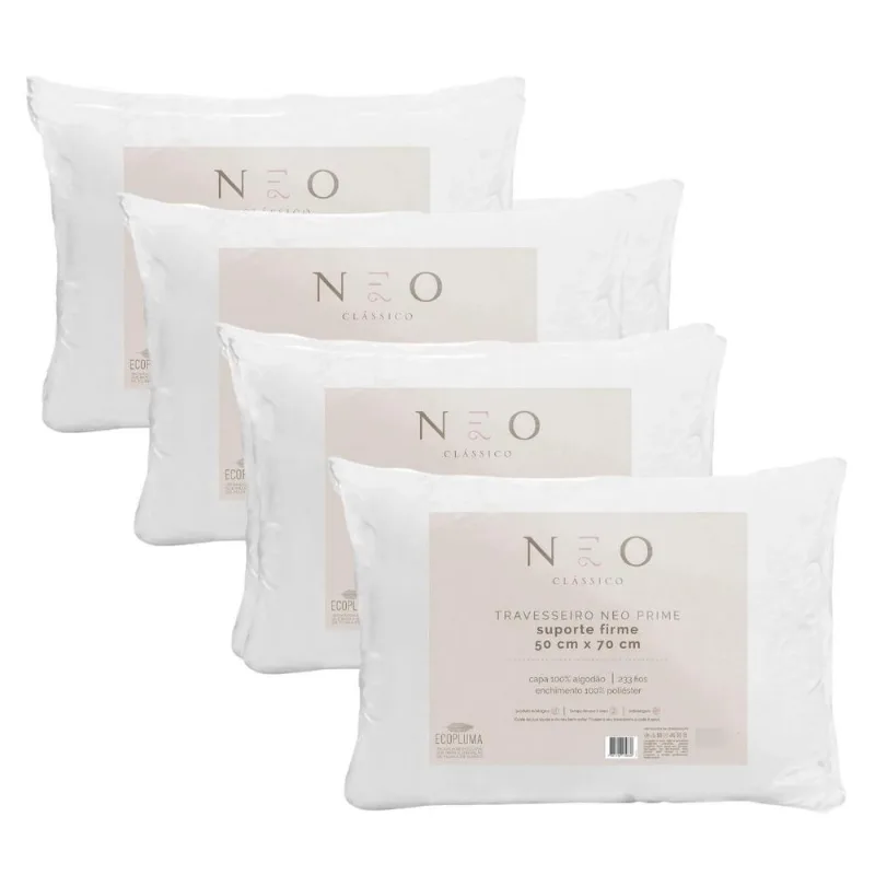 Kit 4 Travesseiro Neo Prime 233 Fios Camesa 50x70cm Branco