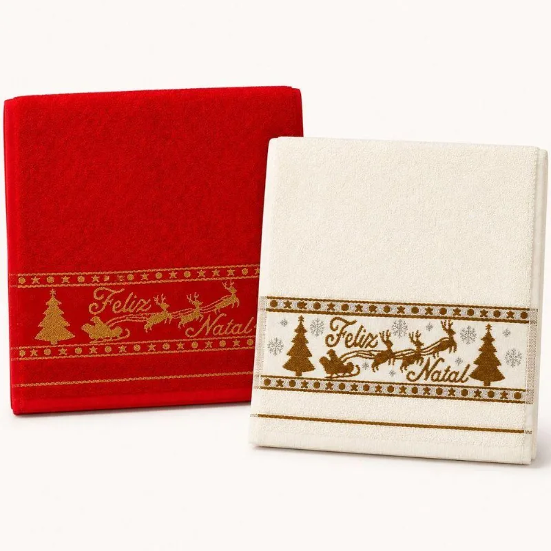 Kit 3 Toalhas De Mãos E Lavabo Natalina 30x50cm 100% Algodão 400g-m2 Vermelho-pérola Bene Casa