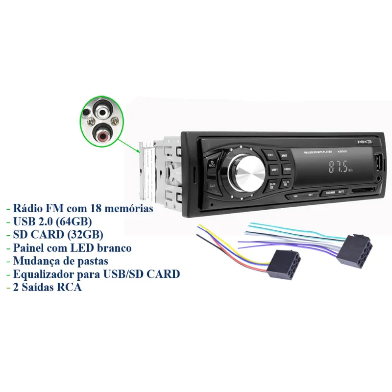 Autorrádio KR500 FM Entrada USB SD e Auxiliar KX3