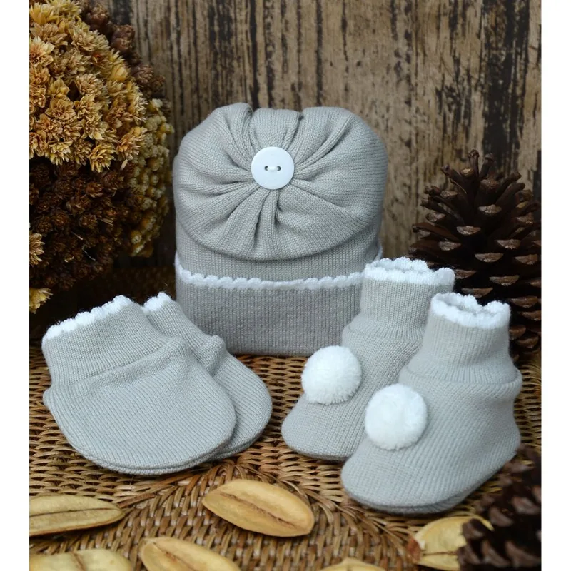 Kit Touca Luva e Sapato Pompom 1016 - Tam. RN Cinza