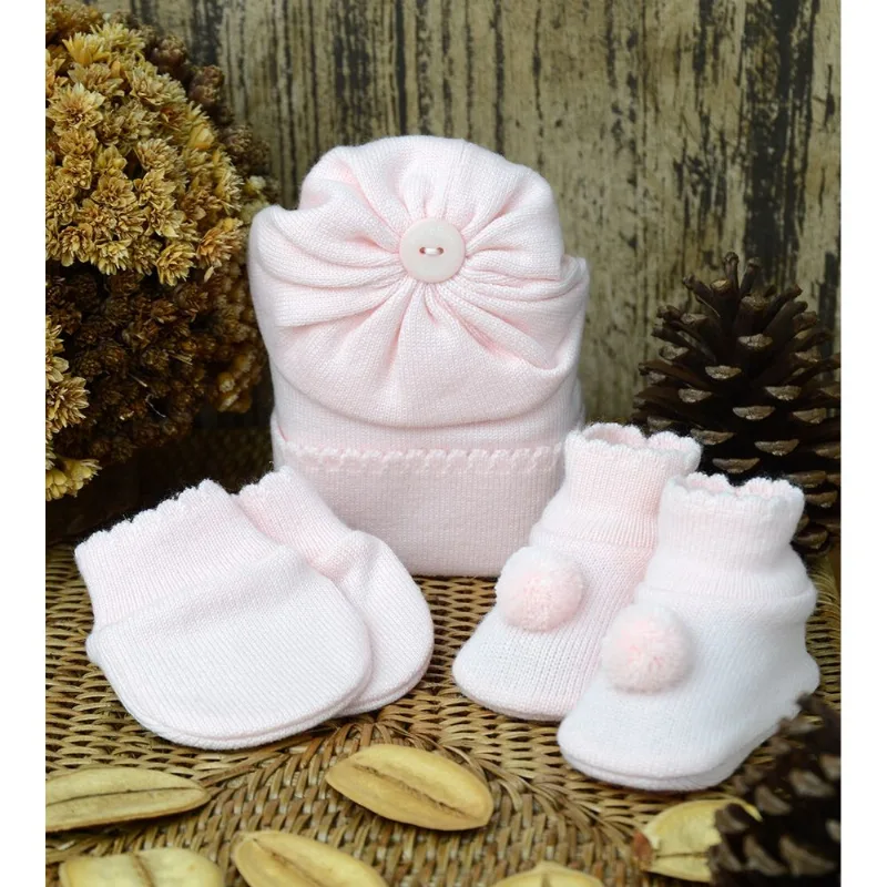 Kit Touca Luva e Sapato Pompom 1016 - Tam. RN Rosa
