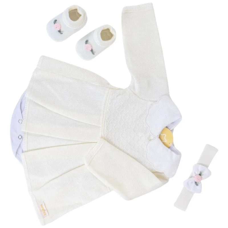 Kit Bebê RN Sanches 1 Vestido 1 Body 1 Sapato 1 Tiara Off White (MP)