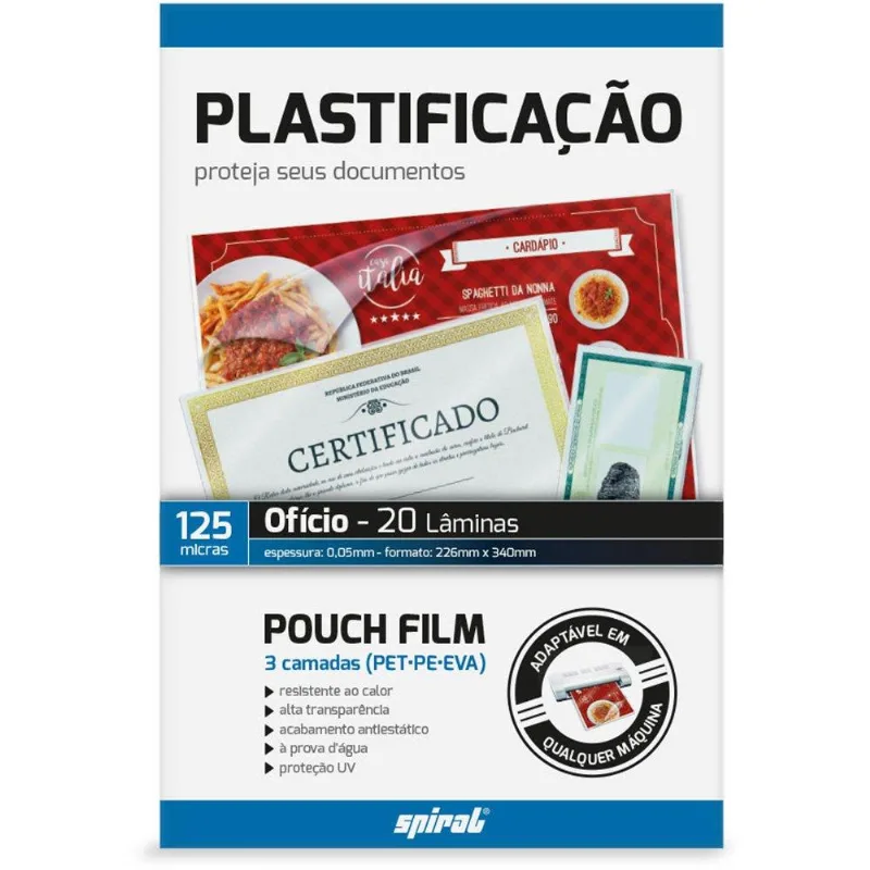 Plástico para plastificação 125 Micras 226mm x 340mm x 0,05mm Ofício Spiral - PT 20 UN