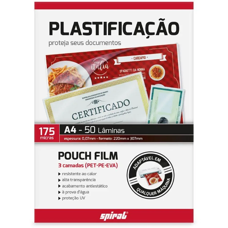 Plástico para plastificação 175 Micras 220mm x 307mm x 0,07mm A4 Spiral - PT 50 UN