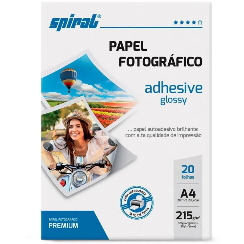 Papel fotográfico A4 215g glossy paper adesivo AG215-20 Spiral pt 20 fl