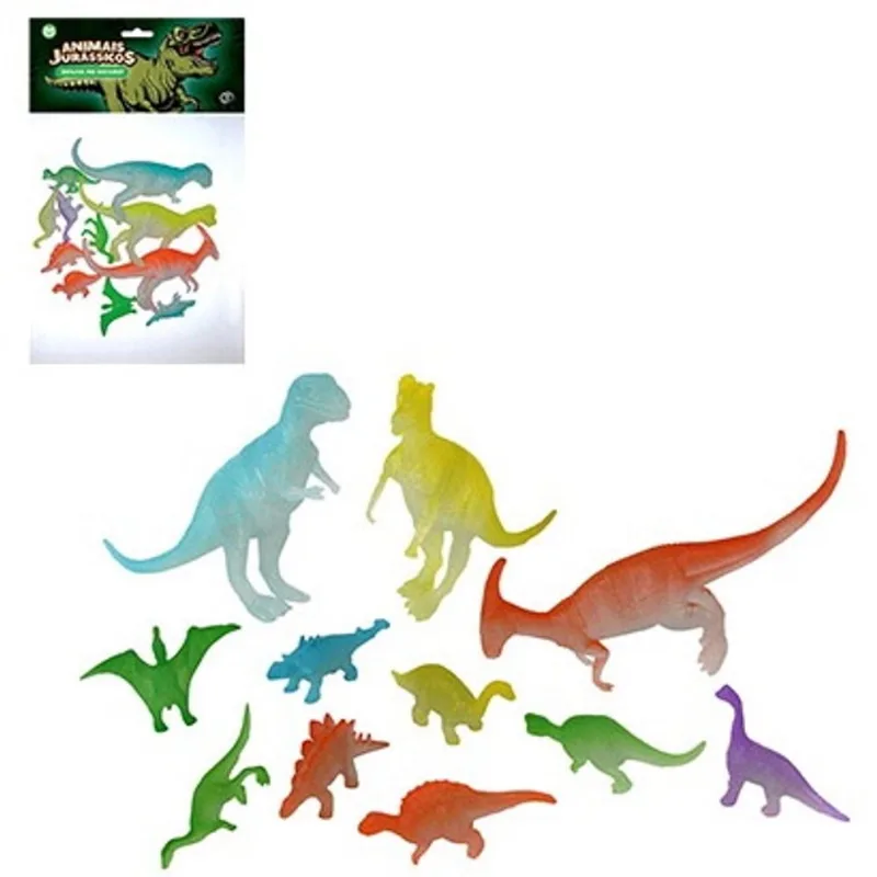 Kit animal dinossauro de pvc jurassicos brilha no escuro medio com 11 pecas