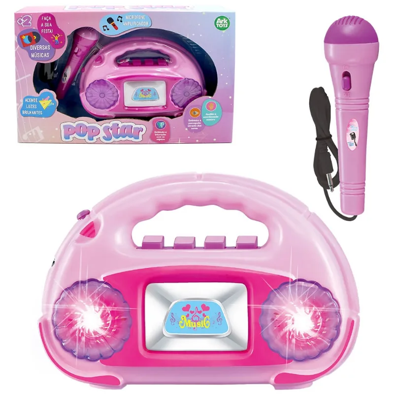 Radio musical infantil com microfone + luz pop star na caixa