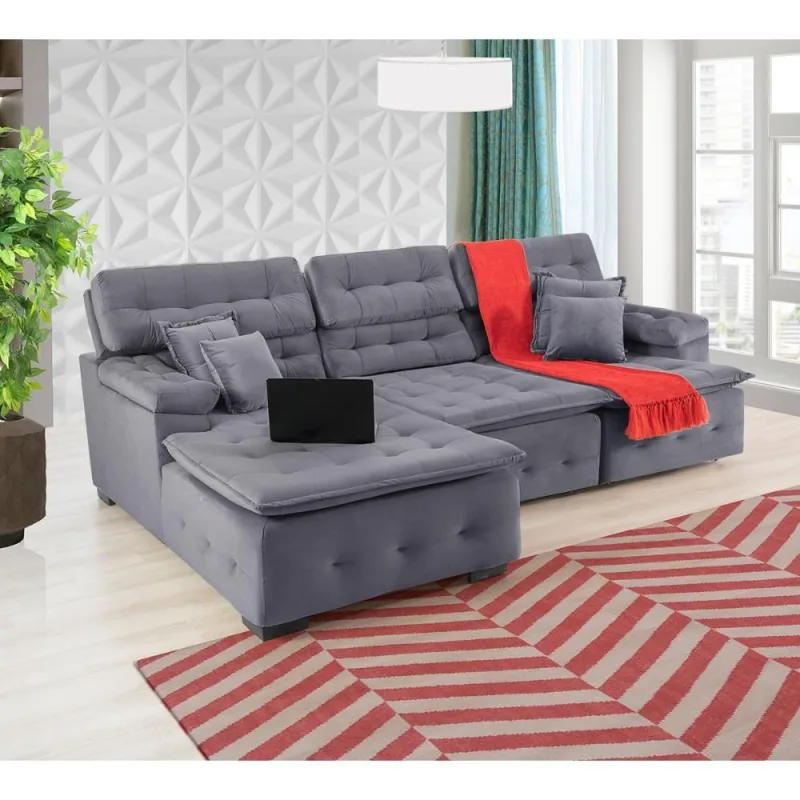 Sofá Retrátil e Chaise Orlando 280x210 Chumbo - OUTRAS - Móveis