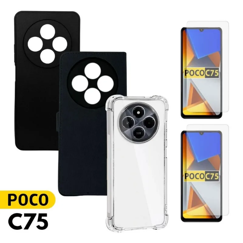 Kit Completo Poco C75 Carteira + Capa Preta + Transparente +