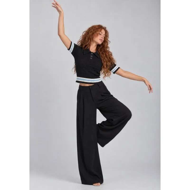 Blusa Tricot Gola Polo com Textura e Barra Listrada Preto Salvatore Tamanho M