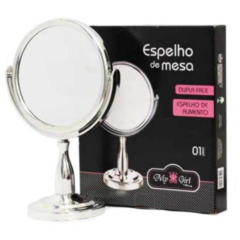 Espelho De Mesa Dupla Face Com Aumento Prateado 27Cm