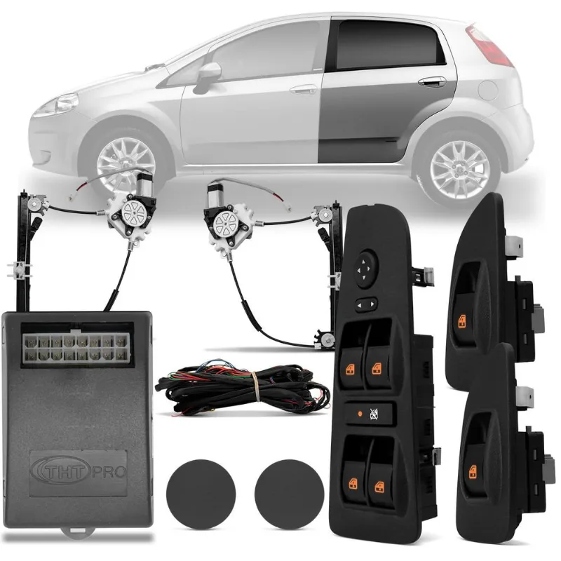 Kit Vidro Elétrico Sensorizado Fiat Punto 07 a 11 4 Portas Traseiras Botão LED Chicote Anti Chamas