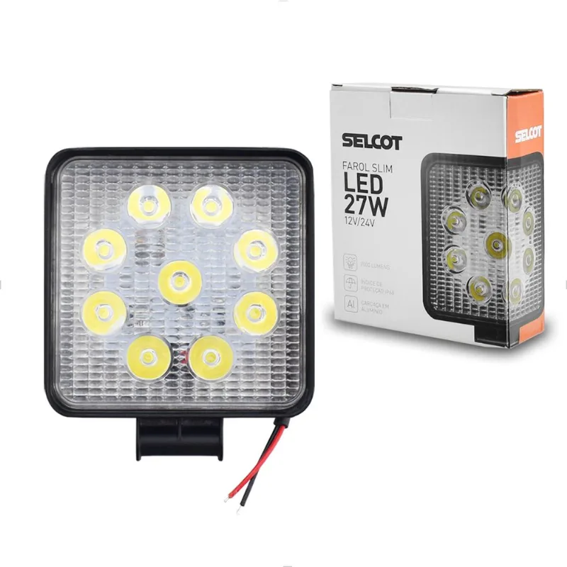 Farol Auxiliar 9 LEDs Quadrado 12V 24V 27W Branco Universal 6000K Selcot