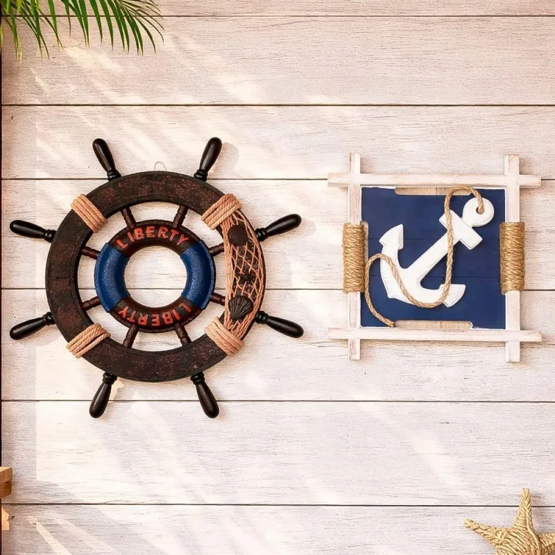 Kit Quadro Decorativo Náutico Timão e Peça Quadrada 27x27cm Branco Marrom Azul - OUTRAS - Casa E Construção