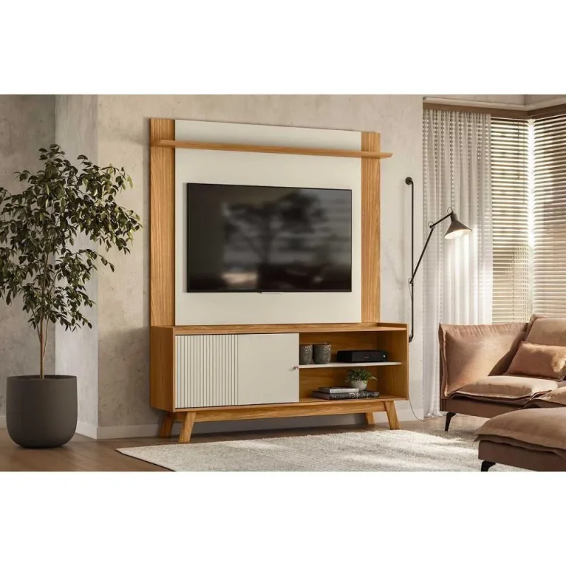 Rack Bancada C/ Painel P/ Tv Até 65 Pol Aurum/tulum 1 Pta Correr 1 Prat Pés 160x190cm Nature/off White - Linea Brasil - Linea Brasil - Móveis