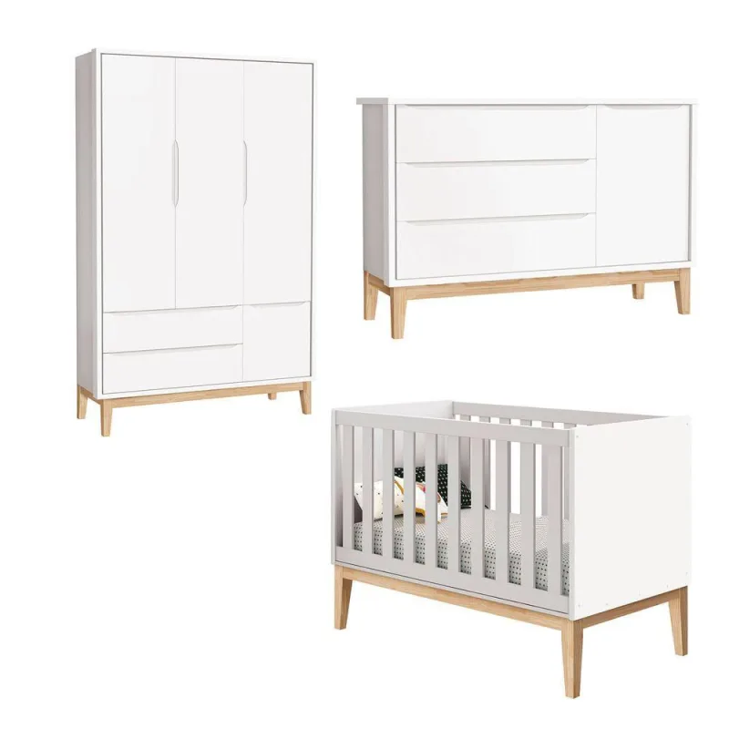 Jogo De Quarto Para Bebê Completo 3 Portas Classic New Branco Fosco Com Natural - Reller - OUTRAS - Cama, Mesa E Banho