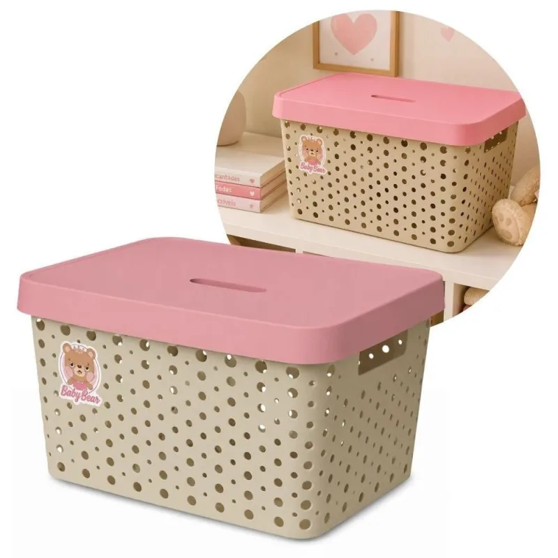 Caixa Organizadora Infantil Linha Baby com Tampa Polipropileno (PP) Bege e Rosa Bebê 17L Usual - Usual - Utilidades Domesticas