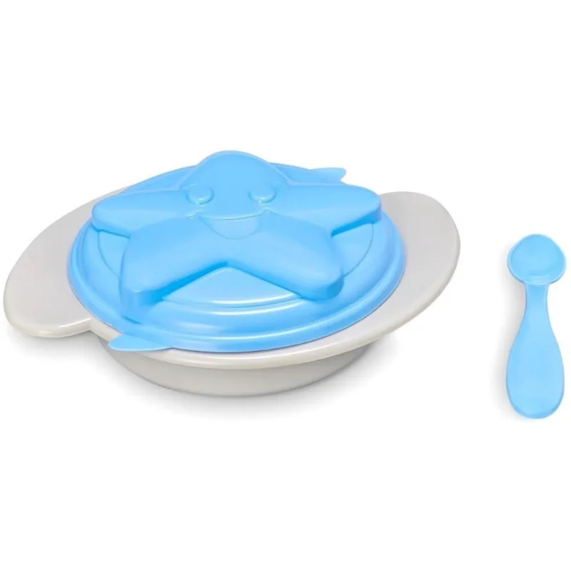 Prato Baby Com Tampa 3 Divisórias E Colher Azul